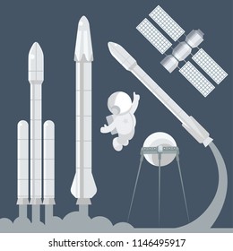Vector images on the theme of space.  Missiles, satellites, shuttles and astronauts. On a blue background, light figures.