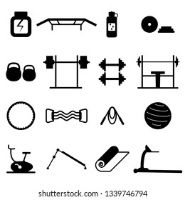 Vector images on the theme of sport, gym, sports equipment, 16 icons on a white background, in the same style: dumbbells, barbell, kettlebell, horizontal bar, press bench, jump rope, treadmill.