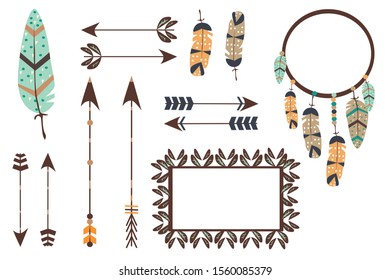 Vector images on white isolated background feathers, arrows and dreamcatcher.