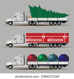 Vector images of options for American trucks with semi-trailers for transporting New Year s goods and decorations.