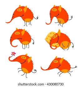 Vector images of orange cartoon elephant in various poses.