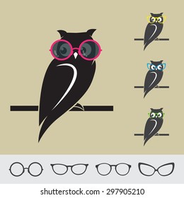 Vector images of owl and glasses on brown background.