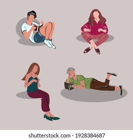 Vector images of people reading books, working on a laptop, looking for information on the Internet. Education, reading, working from home, freelancing. Isolated vector images.