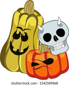 vector images of pumpkins with evil facial expressions and skull with horns.