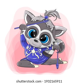 Vector images of a raccoon who is engaged in gymnastics. This funny animal is made in a cartoon style. Isolated raccoon has a beautiful smile and cute big eyes