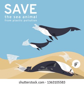 Vector Images Reflect Current Social Problems, Marine Pollution Whales Eat Plastic Bags And Garbage In The Sea, Causing Many Animals Die. The Illustration Of Dead Whales Stranded On The Beach