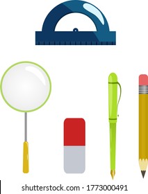 Vector images of school supplies pen, pencil, eraser, ruler. EPS.