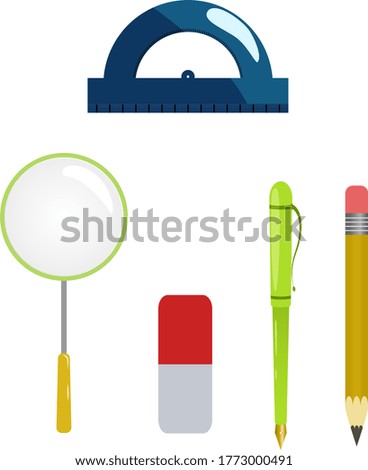 Vector images of school supplies pen, pencil, eraser, ruler. EPS.