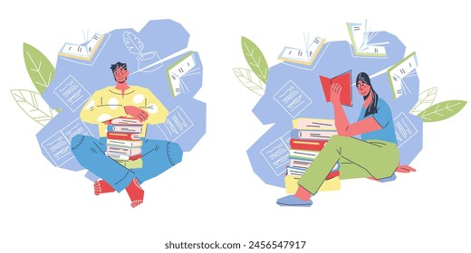 Vector images set for book and reading lovers. Stylized illustration for store or online library app, flat vector illustration isolated on white background.