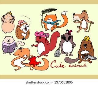 Vector images set of cute animals with their funny expression .