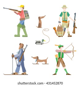 Vector images set. Hunters with gun and bow.