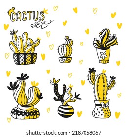 Vector images set of six different cute cactuses hand drawn in doodle style on a white background