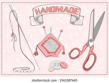 vector images for sewing, on a light pink background with a floral pattern.A set of images for scrapbooking.On the stetlo-gray ribbon there is an inscription in English (handmade) vector set scrapbook