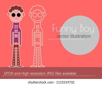 Vector images of smiling funny boy isolated on a salmon pink background. Colorful and white outline icons, design elements.