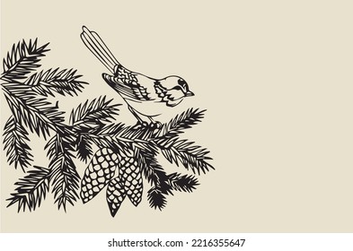 Vector images - Sparrow sitting on a spruce branch