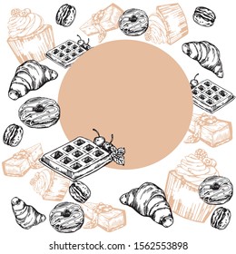 Vector images of sweets for pastry shops. Donuts, cupcakes, cheesecake, macaroons, croissant, cookies, waffles.