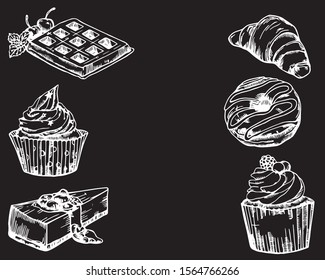 Vector images of sweets for pastry shops. Donuts, cupcakes, cheesecake, croissant , waffles on a black background.