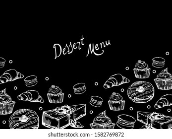 Vector images of sweets for pastry shops. Donuts, cupcakes, cheesecake, croissant, waffles on a black background.
