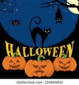 Vector images of symbols of Halloween. A magic cat, the laughing loudly pumpkins, a bat and a spider. Night on Halloween. Holiday. Cheerful Jack. Holiday october 31. Vector color illustration.