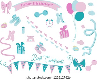Vector images that can be used for your birthday, baby products: toys, colored balls, gifts, watches, scales, baby shoes, angels, greetings, baby nipple, baby bottle, holiday flags, ribbons, watch bab