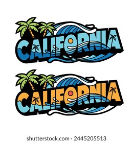 vector images with the theme of California, beach, summer, surfing, big blue waves, palm trees, sunset. Can be used for merchandise stickers, enamel pins, t-shirt designs, etc