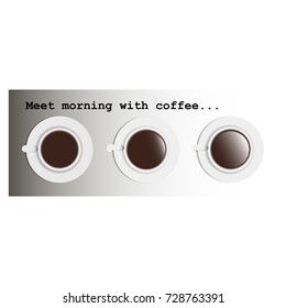 Vector images of three cups of coffee with different level of sun reflections in it. Symbolize sunrise. 