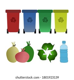 Imágenes vectoriales de papelera, bolsas de basura, botellas de plástico e icono de reciclaje.