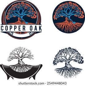 Vector images of a tree. Different options. Old oak with roots. Logo, emblem, sign