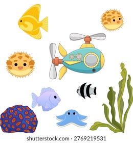 Vector images of the underwater world of the ocean, aquarium, tropical fish, algae, corals, research bathyscaphe, submarine, starfish, moon fish, fish ball	