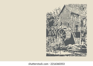 Vector images - water mill in the forest