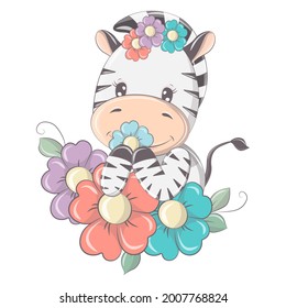 Vector images of a zebra in kawaii style. The cartoon character is made for a kids group of goods. The funny animal smile cutely. Animal isolated on white background. 