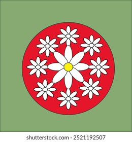 Imágenes vectoriales, Imagen de una flor con estambres amarillos y pétalos blancos, rodeada de 8 flores blancas, sobre un círculo rojo con un fondo verde.