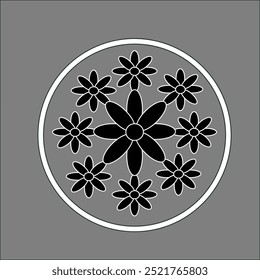 Imágenes vectoriales, Nueve flores negras de 8 puntas en un círculo gris con bordes blancos y un fondo negro.