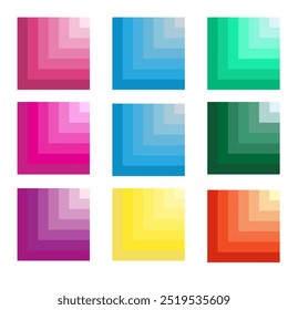 Vector image,There are 9 boxes of gradient color from light to dark, consisting of red, blue, light green, pink, yellow, dark green, purple, orange, and blue on a white background.