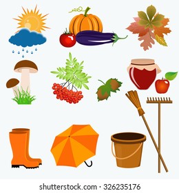 Vector Image.Various autumn icons on a light background