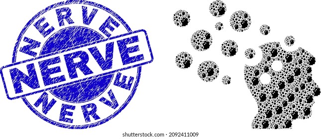 Vector imagination icon composition is created with randomized recursive imagination parts. Nerve corroded blue round seal print. Recursive composition for imagination icon.