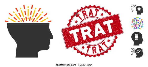 Vector imagination icon and grunge round stamp seal with Trat caption. Flat imagination icon is isolated on a white background. Trat stamp seal uses red color and scratched design.