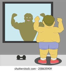 Vector imagination of obese people in the exercise by the mirror and think good shape