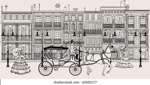 Vector imaginative artwork representing a street in New orleans style with horse carriage and women in crinoline dress