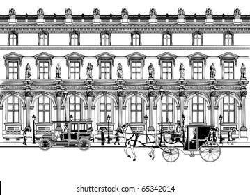 Vector imaginative artwork representing a street in Paris with horse carriage and old car