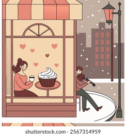 vector Imagine a cozy café on a snowy Valentine’s evening in 2025.