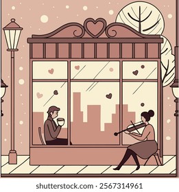 vector Imagine a cozy café on a snowy Valentine’s evening in 2025.