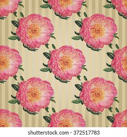 Vector imitation flower embroidery. Vintage embroidery peony flower on vitage striped wallpaper background. Beautiful painting embroidery floral seamless pattern