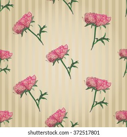 Vector imitation flower embroidery. Vintage embroidery peony sketch on vitage striped wallpaper background. Beautiful painting embroidery floral seamless pattern