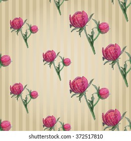 Vector imitation flower embroidery. Vintage embroidery peony bud on vitage striped wallpaper background. Beautiful painting embroidery floral seamless pattern