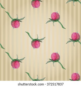 Vector imitation flower embroidery. Vintage embroidery peony bulb on vitage striped wallpaper background. Beautiful painting embroidery floral seamless pattern