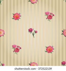 Vector imitation flower embroidery. Vintage embroidery peony, peony flower, peony bouquet, peony bud on vitage striped wallpaper background. Beautiful painting embroidery floral seamless pattern