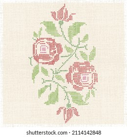 Vector imitation of the vintage blanket with embroidery Rose ornate. Cross stitch rose. Cross-stitch.