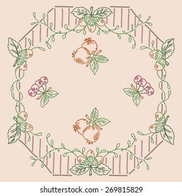 Vector imitation of the vintage cross-stitch Fruit ornate on the tablecloth