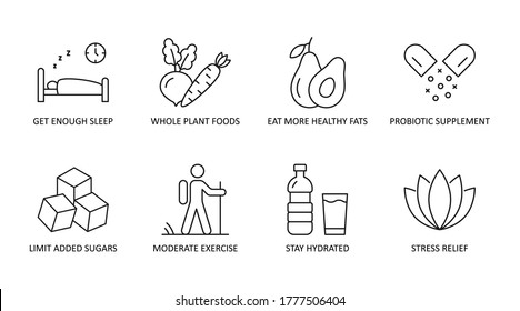 Vector immune system boosters icons. Editable Stroke. Get enough sleep whole plant foods, eat more healthy fats probiotic supplement. Limit added sugars moderate exercise, stay hydrated stress relief